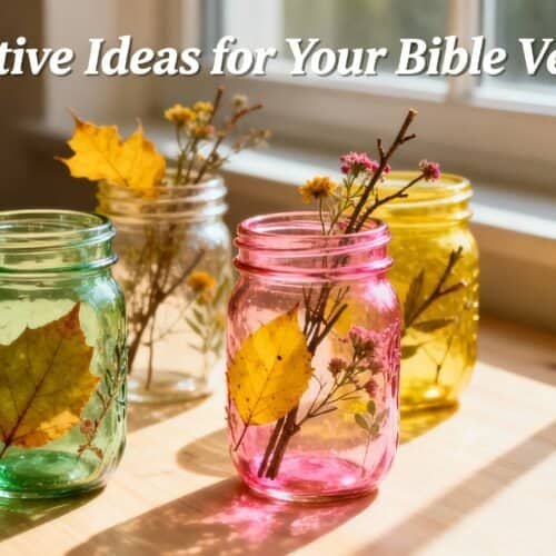 5 Creative Ideas for Your Bible Verse Jar My Bible Song 2025 Vibrant colored mason jars filled with fall leaves and flowers, decorative Bible verse jar ideas, autumn centerpiece, DIY Christian craft for home or church decoration, cozy fall decor.