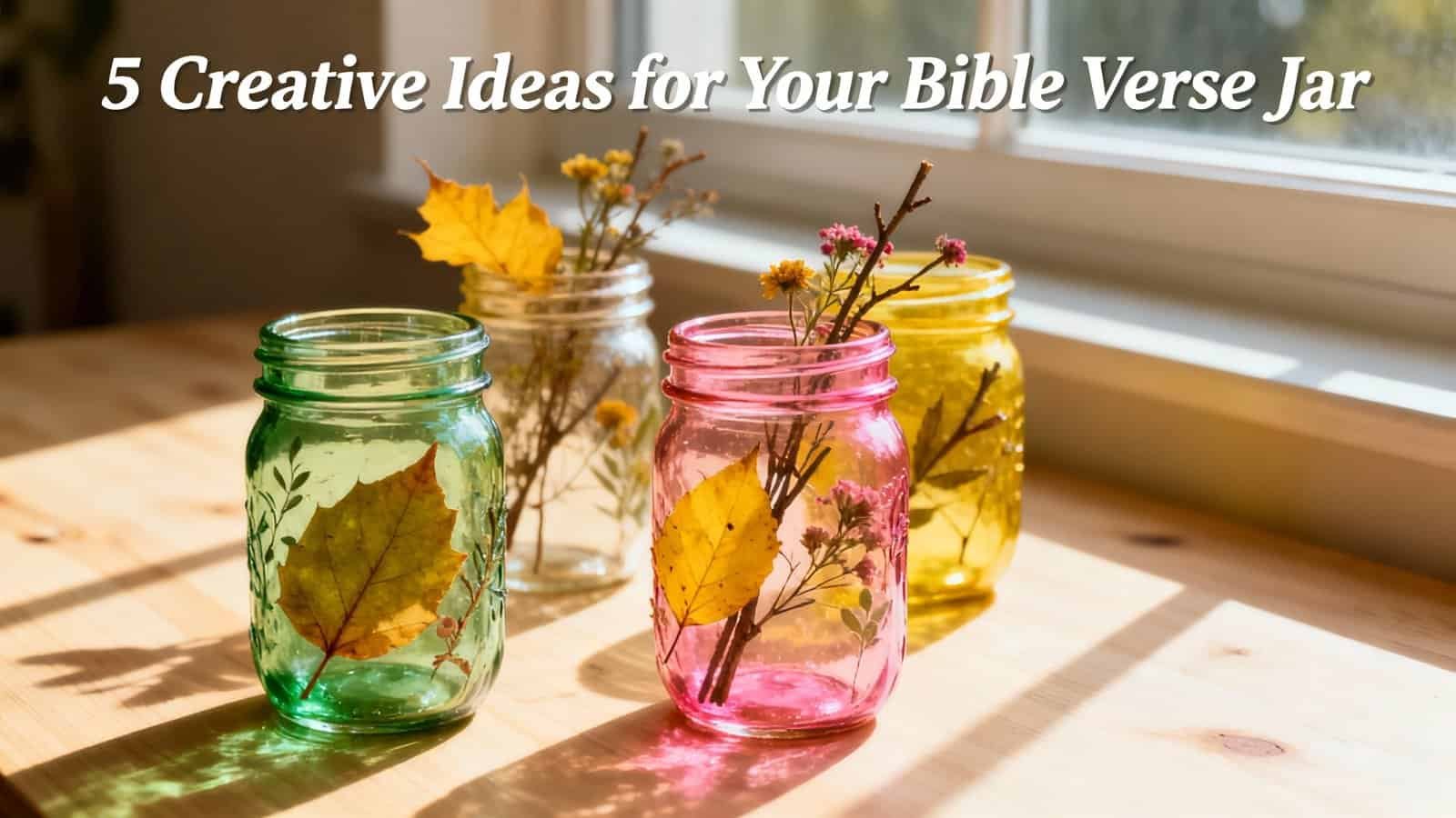 Vibrant colored mason jars filled with fall leaves and flowers, decorative Bible verse jar ideas, autumn centerpiece, DIY Christian craft for home or church decoration, cozy fall decor.