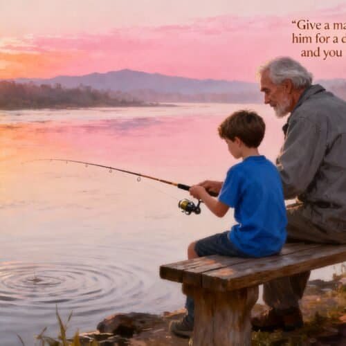 Teach a Man to Fish: Discover the Bible Verse That Inspires Self-Sufficiency My Bible Song 2025 Tranquil scene of an elderly man and young boy fishing on a wooden dock at sunset, symbolizing faith and guidance, with a biblical quote about sharing and teaching, ideal for Christian inspirational content.