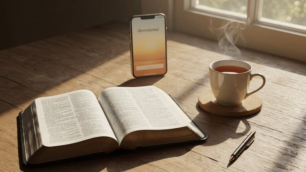 Peaceful Bible study setup with an open Bible, steaming cup of tea, pen, and a smartphone on a wooden table near a sunlit window. Perfect for worship and spiritual reflection.
