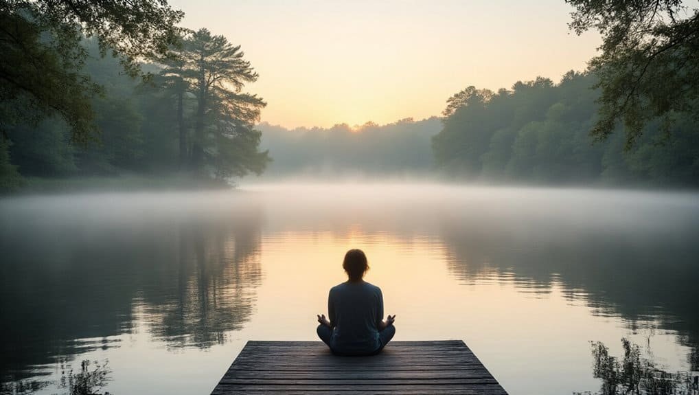 Embrace the Bible Verse Be Still and Know That I Am God My Bible Song 2026 Serene person meditating by tranquil lake at sunrise, spiritual reflection, peaceful nature scene, mindfulness, meditation, outdoor serenity, calm water, dawn, spiritual wellness, My Bible Song.