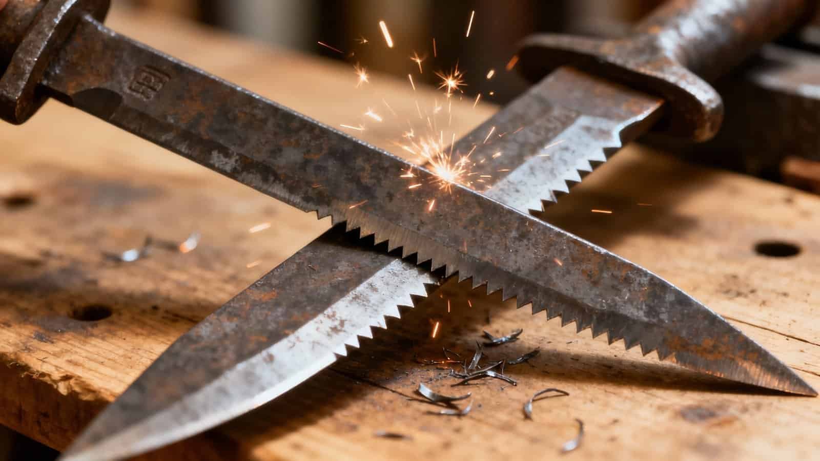 What Does the Bible Verse Iron Sharpens Iron Mean? My Bible Song 2026 Welding sparks flying as two rusted saw blades are crossed on a wooden workbench, illustrating craftsmanship and craftsmanship tools.