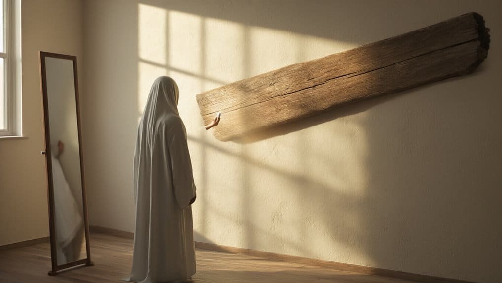 Majestic woman in white prayer robe touching an enormous wooden beam attached to a plain beige wall, with a full-length mirror nearby and soft sunlight streaming through a window.