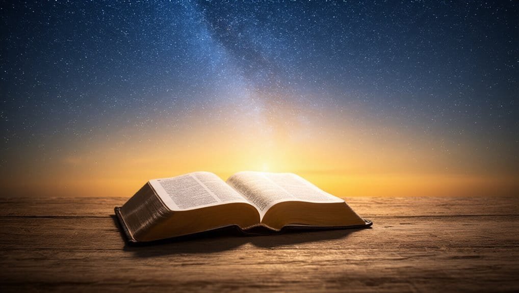 Open Bible on wooden surface with sunrise and starry sky background, symbolizing faith, spirituality, and inspiration from scripture.