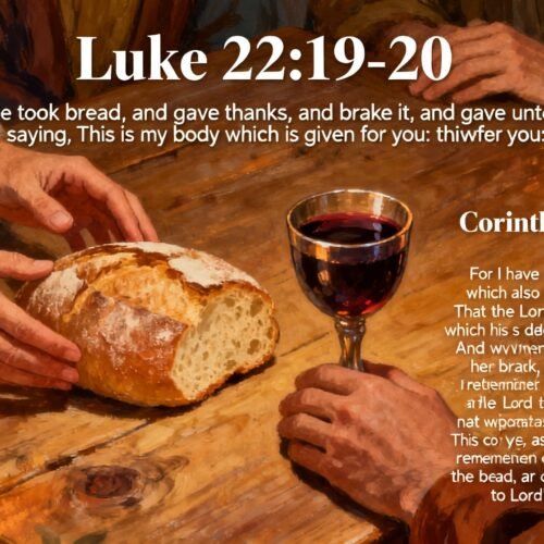 Loaves and wine on a wooden table during the Last Supper, depicting Luke 22:19-20 and Corinthians 11:23-26, with candles illuminating the scene.