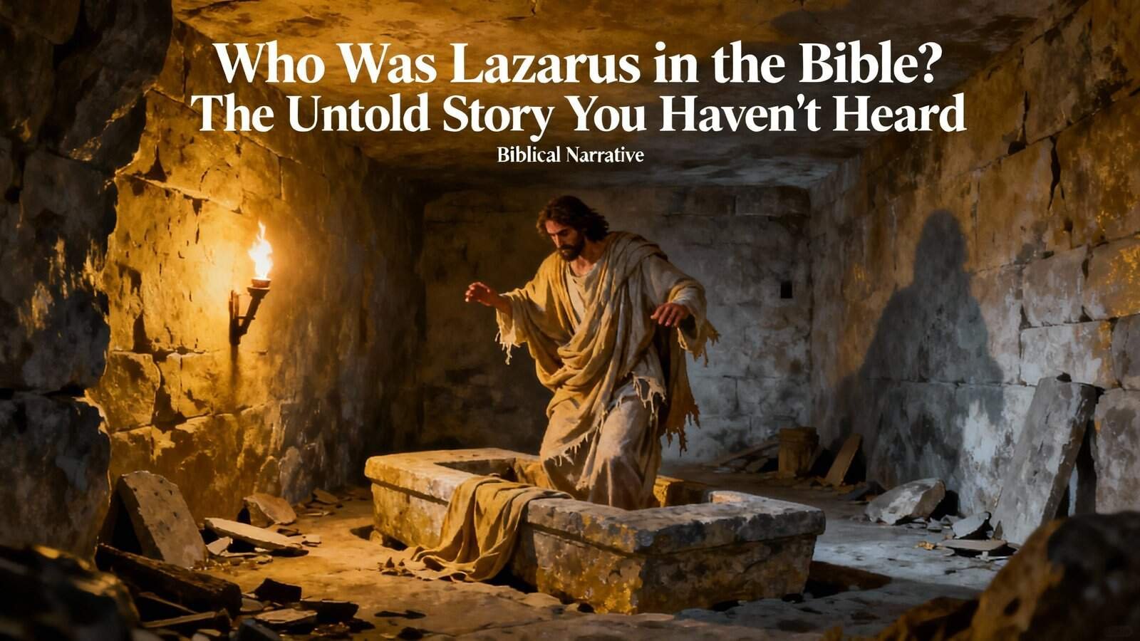 Lazarus in the Bible emerging from the tomb, symbolizing resurrection and faith, with warm lighting in an ancient stone setting.