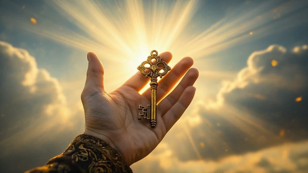 Golden key held up to the sky with sunlight and clouds in the background, symbolizing faith and spiritual connection.