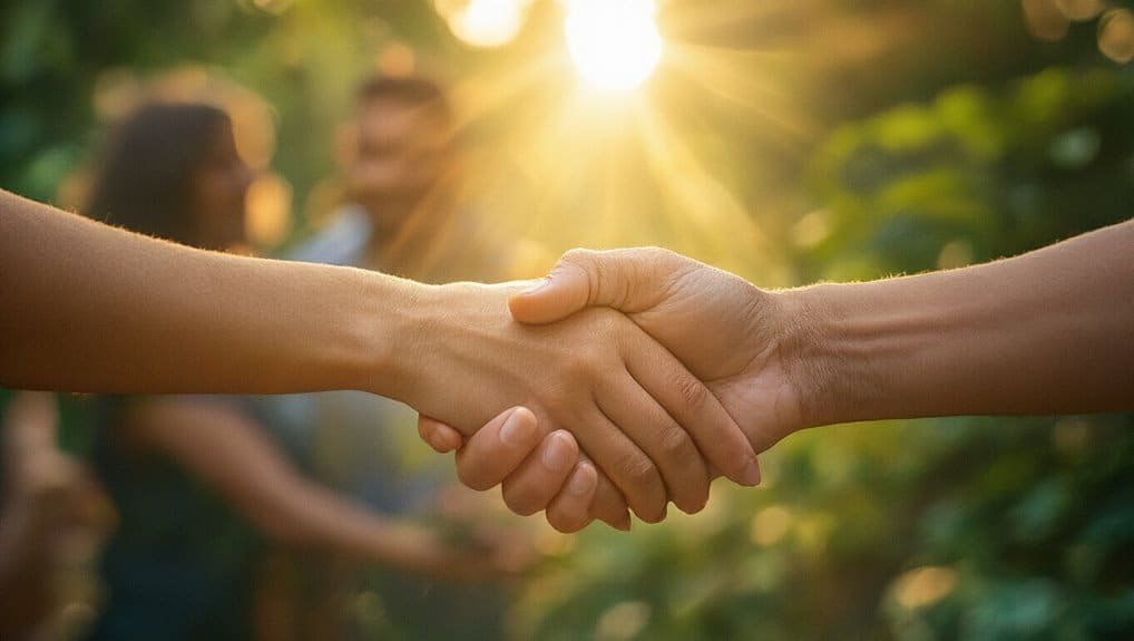 Handshake representing faith and unity with sunlight in background, emphasizing community and spiritual connection in Christian worship settings.