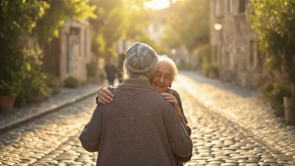Gentle hug between elderly friends on cobblestone street during golden hour sunshine, evoking warmth, friendship, and companionship in a peaceful, picturesque setting.