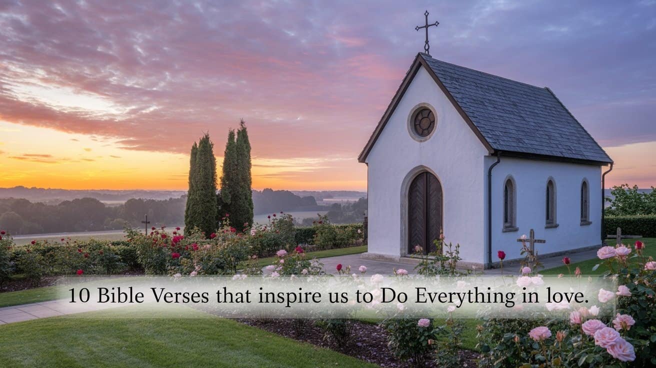 Bible verses, Christian church, religious inspiration, love, faith, hope, prayer, worship, scripture, spirituality, biblical teachings, peaceful landscape, sunset over church, garden with roses, Christian lifestyle, divine guidance, spiritual growth, Biblical verses for love and faith, religious serenity, biblical inspiration for daily life.