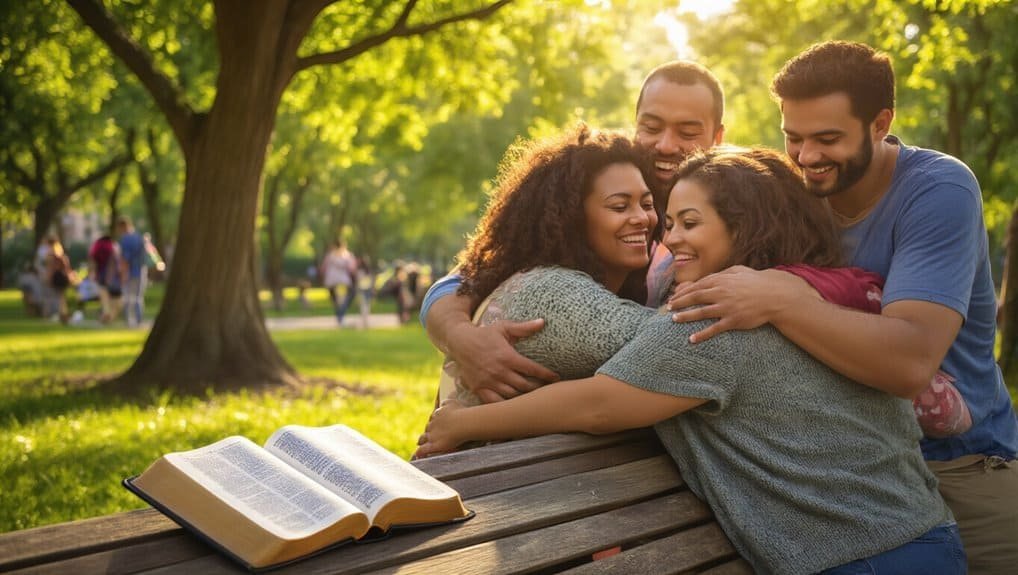 Joyful group of diverse friends hugging and praising God outdoors in the park, with open Bible on bench, emphasizing faith, fellowship, and spirituality for Bible-based community.
