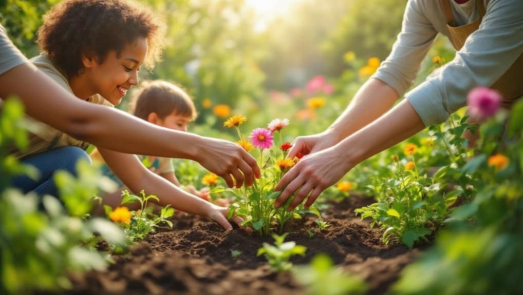 Bright children planting colorful flowers outdoors, symbolizing growth and joy in faith-based activities.
