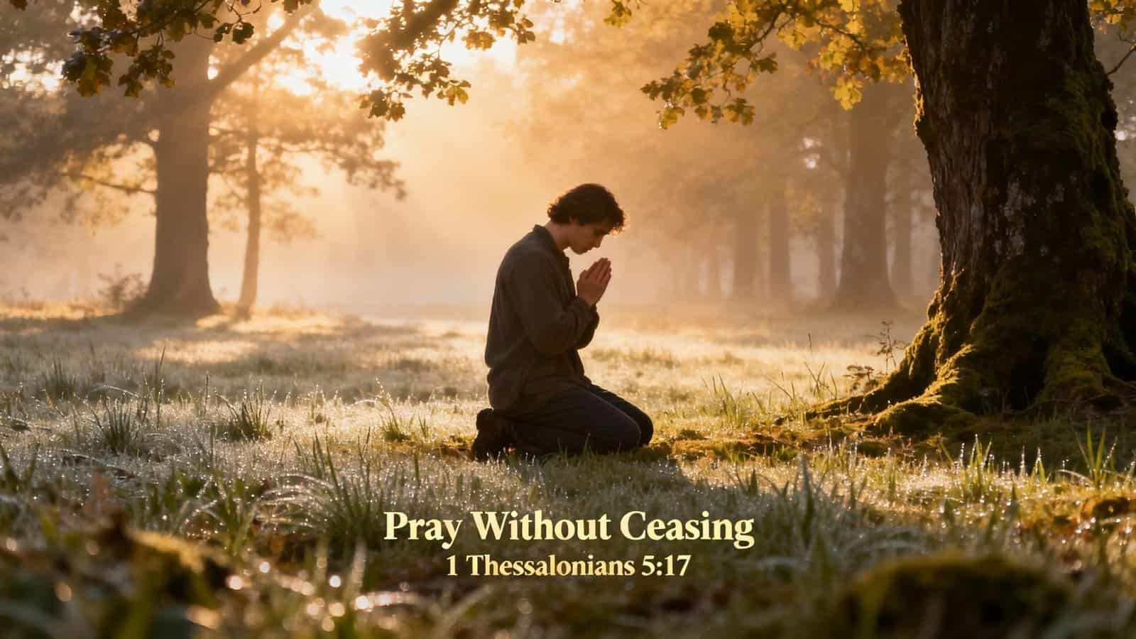 Peaceful prayer in nature, person kneeling under trees at sunrise or sunset, practicing faith, devotion, and worship. Reflective, spiritual moment for Christians, inspired by 1 Thessalonians 5:17.