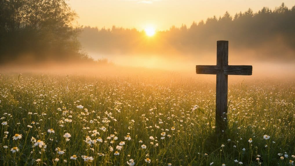 Embrace the Promise of Joy: Bible Verse on Joy Comes in the Morning My Bible Song 2026 Sunrise over a field with a wooden cross, symbolizing faith and hope, perfect for Christian-themed content.