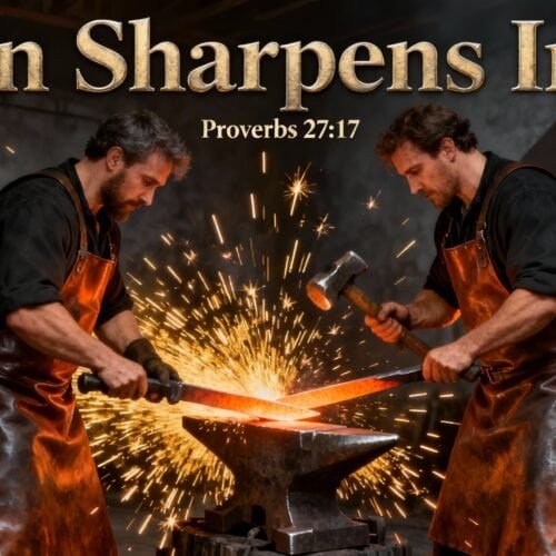 Hot steel forging in blacksmith workshop, two men shaping red-hot metal with hammers, sparks flying, biblical quote Proverbs 27:17, Iron sharpens iron, Christian faith, spiritual growth, metalworking, biblical inspiration.