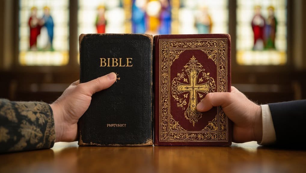 Vintage Bible held by two hands in church setting with stained glass windows, highlighting Christian faith, religious worship, and biblical teachings for spiritual growth.