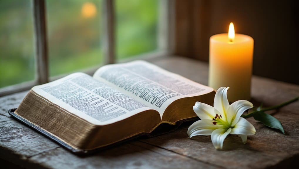 Finding Bible Verses for Strength in Difficult Times My Bible Song 2026 Bible open on a rustic wooden table with a lit candle and white lily flower, symbolizing faith, worship, and spiritual reflection in a peaceful, illuminated setting.