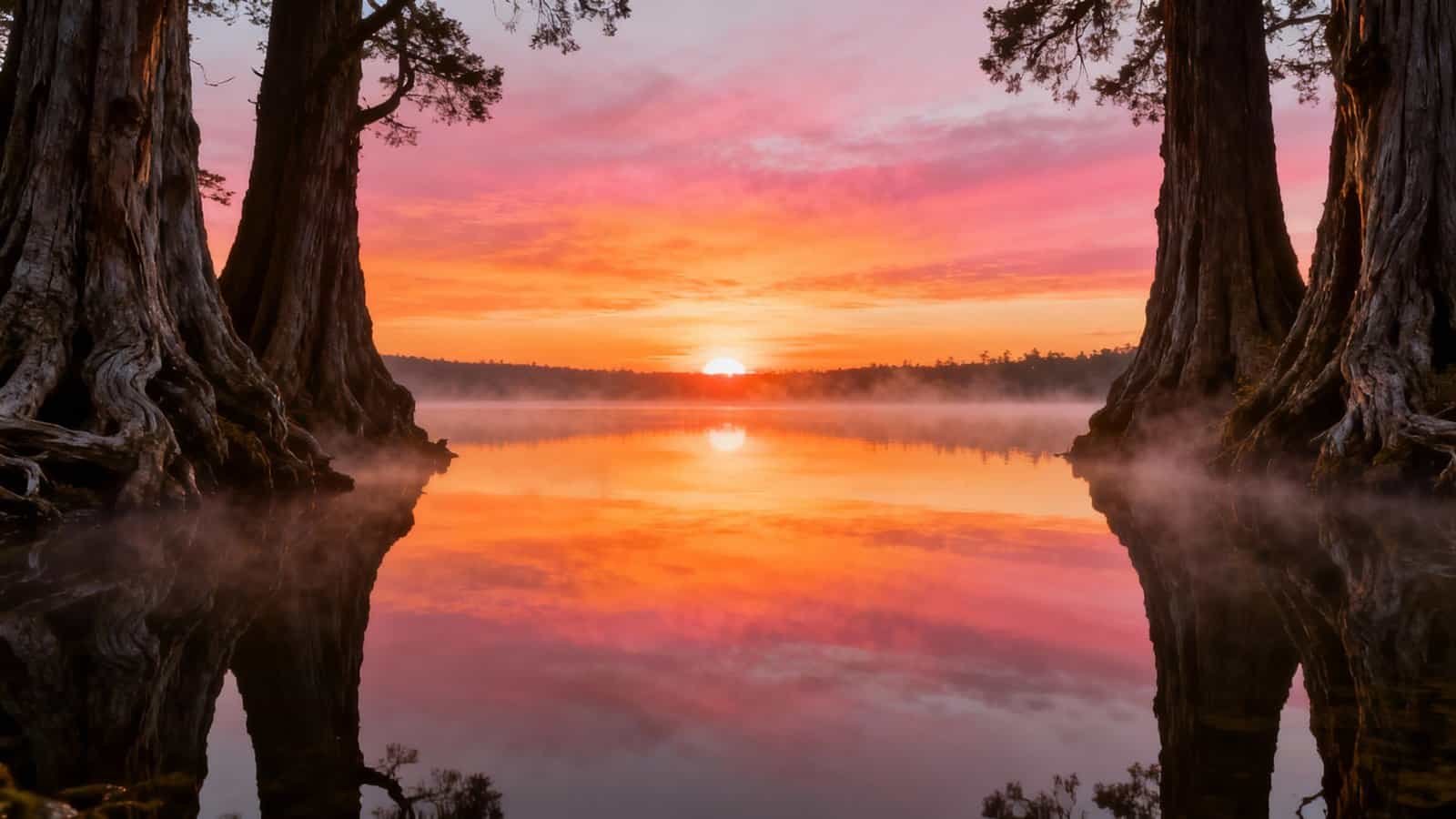 What Does the Bible Verse I Am That I Am Mean? My Bible Song 2026 Serene sunrise over a peaceful lake with towering cypress trees, reflecting vibrant pink and orange sky, creating a calming and spiritual natural scene.