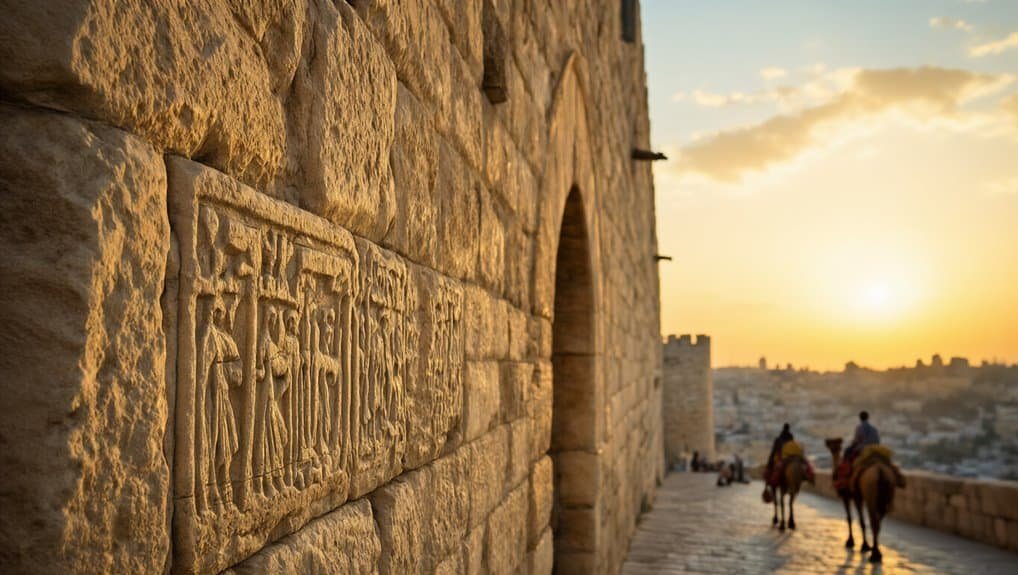 What Does the Bible Verse About the Eye of a Needle Teach? My Bible Song 2026 Carved stone wall at historic biblical site during sunset, with people riding horses in the distance.
