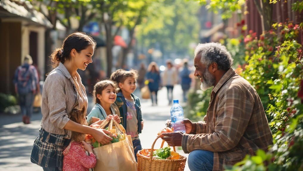 Smiling woman giving food to a man by a street with children, representing kindness and community.