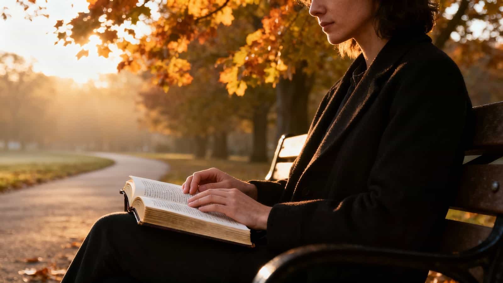 Finding Comfort in the Bible Verse I Am With You Always My Bible Song 2026 Peaceful woman reading the Bible on a park bench during autumn sunset, embodying faith and reflection, ideal for inspirational Christian content and Bible study resources.