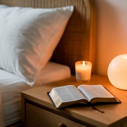Peaceful bedroom with an open Bible on a wooden bedside table, illuminated by a glowing round lamp and a lit candle, creating a serene atmosphere for reflection and prayer about My Bible Song.