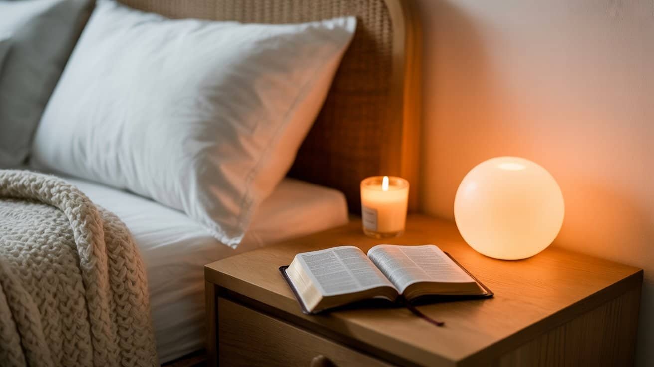 Peaceful bedroom with an open Bible on a wooden bedside table, illuminated by a glowing round lamp and a lit candle, creating a serene atmosphere for reflection and prayer about My Bible Song.