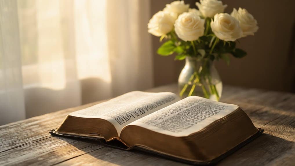 Open Bible on a wooden table with a vase of white roses, natural light streaming in, creating a peaceful and spiritual ambiance for Bible reading and worship.