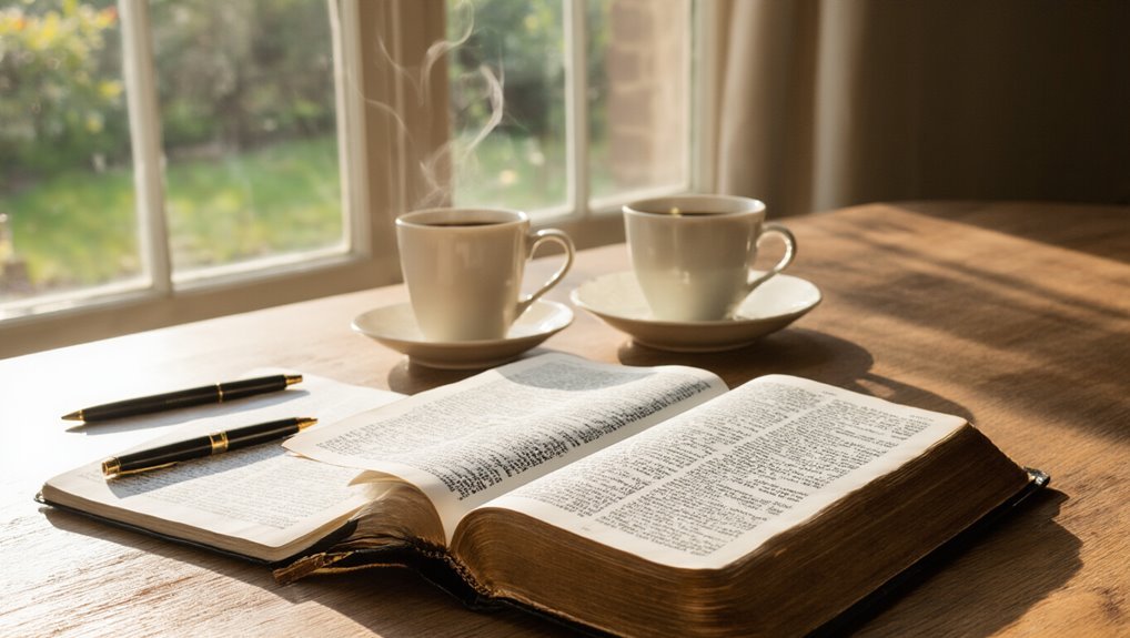 Finding Bible Verses on Perseverance for Daily Inspiration My Bible Song 2026 Steam rising from hot coffee cups on a wooden table with an open Bible and pens, near a window with sunlight streaming in, creating a peaceful and contemplative atmosphere for prayer and Bible study.