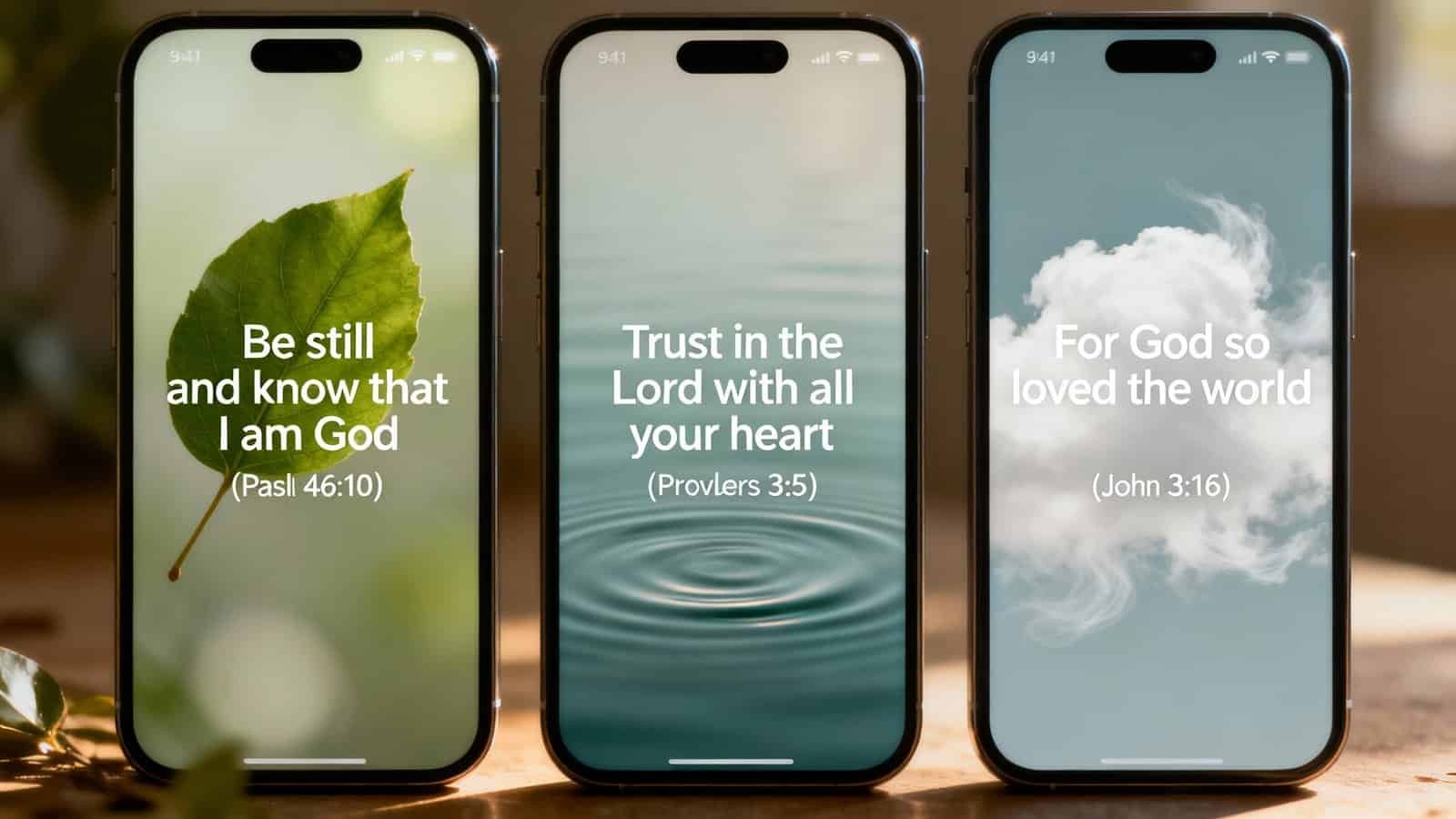 Beautiful smartphone screens displaying inspirational Bible verses for prayer and faith, with a focus on trust in God and His love, perfect for promoting Christian devotional content.
