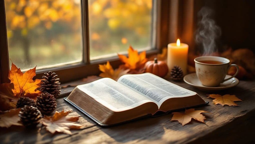 Peaceful Christian Bible study scene with open Bible, autumn leaves, pinecones, candle, and steaming coffee by a window, perfect for faith, prayer, and spiritual reflection.