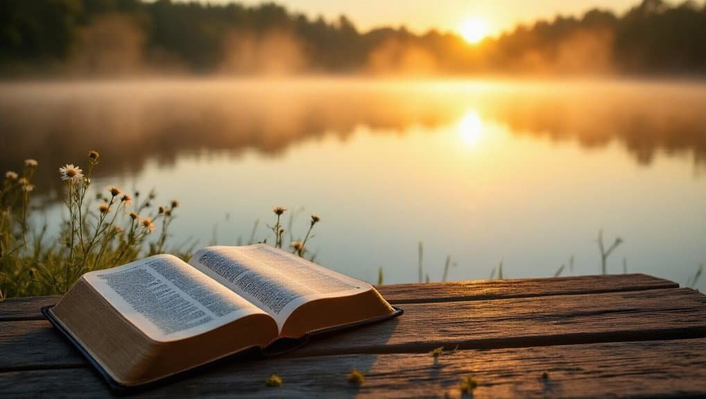 Open Bible on lakeside dock at sunrise, peaceful scene for Christian worship and prayer.