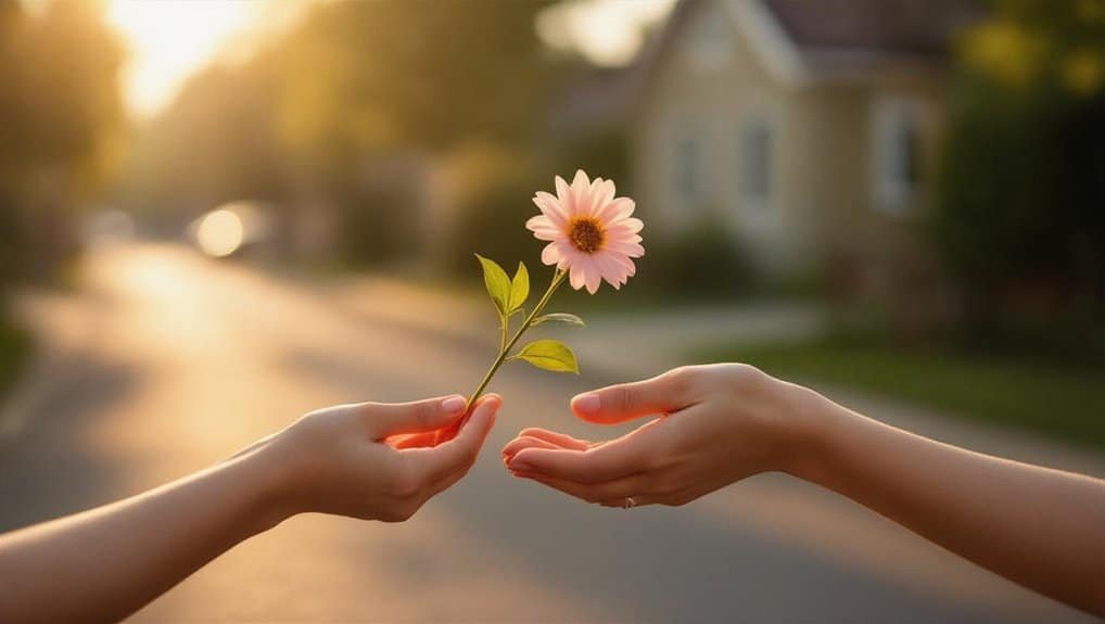 Delicate pink flower being exchanged between two hands outdoors during sunset, symbolizing kindness, faith, and sharing God's love, featured on My Bible Song website.