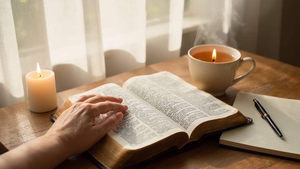 Bible reading, prayer, and devotional setup with candles and a notebook, inspiring spiritual worship and connection to God.
