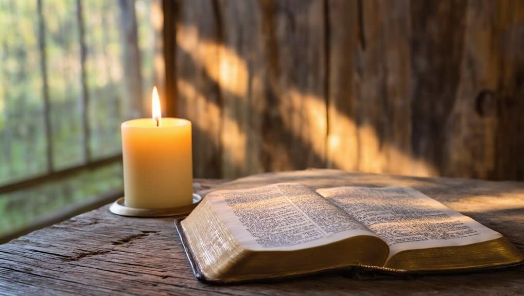 Bible open with candle on rustic wooden table, spiritual worship and prayer, Christian devotion, peaceful prayer space, Bible study, spiritual reflection, religious faith, inspiring worship scene, sacred scripture, religious prayer setting.