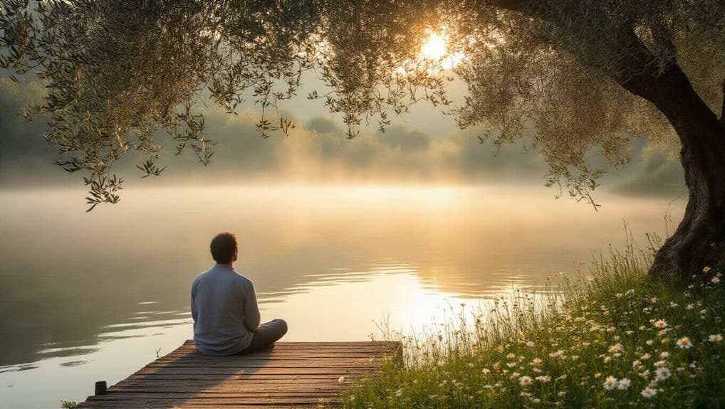 Embrace the Bible Verse Be Still and Know That I Am God My Bible Song 2026 Peaceful man praying by lake at sunrise, spiritual reflection, serenity, meditation, faith, Christian worship, tranquility in nature, religious devotion, biblical inspiration, My Bible Song.