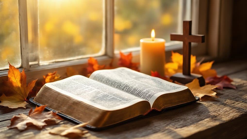 Open Bible on wooden table with lit candle, wooden cross, and autumn leaves near a window, creating a peaceful religious scene ideal for faith, prayer, and Bible study.