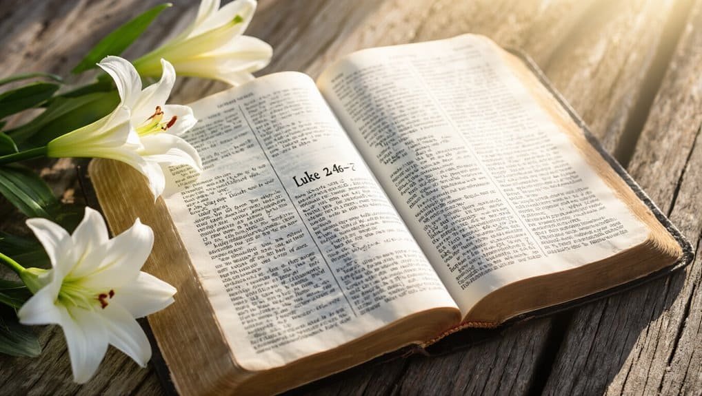 Bible open to Luke 2:46-47 with white lilies beside it, set on a rustic wooden surface.