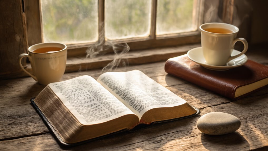 Finding Bible Verses on Perseverance for Daily Inspiration My Bible Song 2026 Open Bible with steaming coffee cups on rustic wooden table near window, quiet prayer and worship, Christian faith, morning devotion, spiritual reflection, peaceful religious moment.