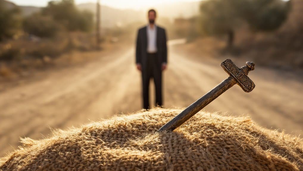What Does the Bible Verse About the Eye of a Needle Teach? My Bible Song 2026 Cross in the sand on a desert road with a man standing in the background, symbolizing faith, spirituality, and religious devotion for biblical song inspiration.