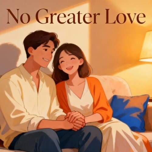 Applying the Bible Verse No Greater Love in Relationships My Bible Song 2026 Beautiful animated couple sitting together on a cozy sofa at home, sharing a joyful moment with warm lighting, representing love, happiness, and companionship.