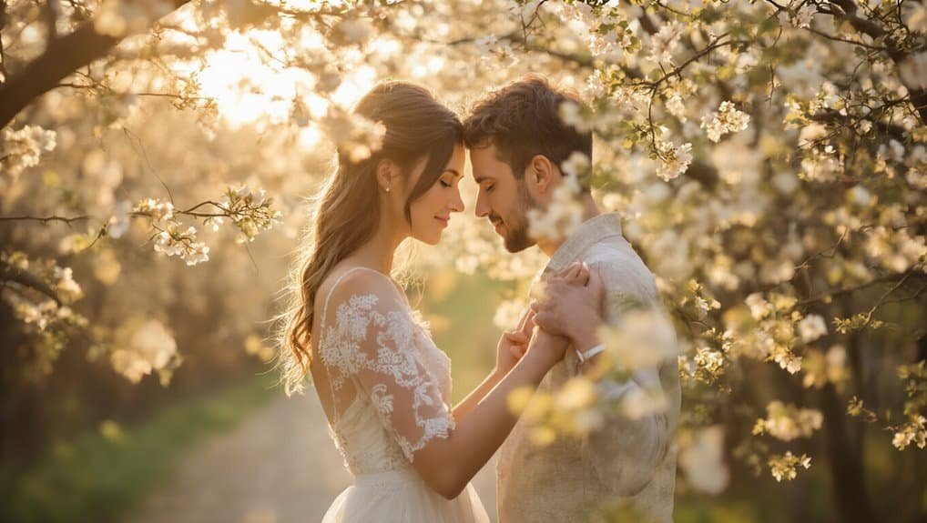 Tranquil couple embracing amidst blossoming cherry trees during sunset, celebrating love and faith, ideal for church weddings, romantic moments, and spiritual connection scenes.