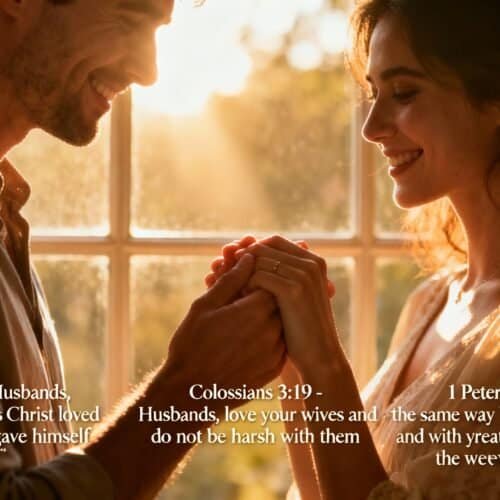 Husband and wife holding hands and smiling by a window, emphasizing love and faith in marriage, with biblical verses about love and respect from Ephesians, Colossians, and 1 Peter, perfect for Christian relationship inspiration.