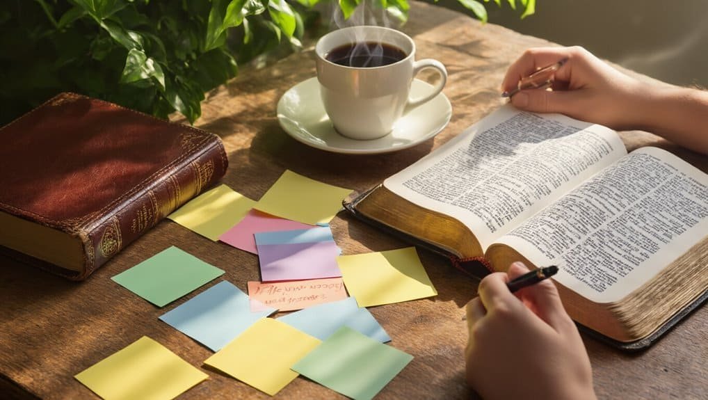 Inspirational Bible study with open scripture, sticky notes, coffee, and natural light, perfect for discovering God's word and personal reflection.