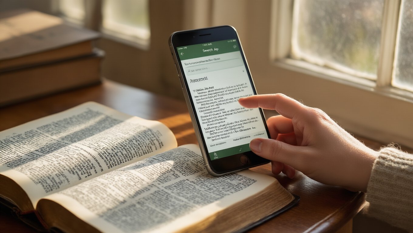 Bible app on smartphone next to open Bible, reading scripture, Christian faith, digital Bible study, religious reading, spiritual growth, online scripture, Bible teaching, faith-based content, biblical resources.