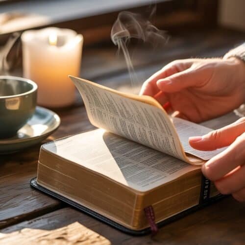 Christian prayer and scripture reading with warm coffee and candlelight, emphasizing devotion, worship, and bible study.