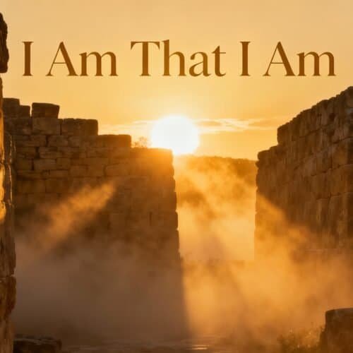 Sunset over ancient stone ruins with the text "I Am That I Am" displayed prominently, symbolizing faith, spirituality, and Biblical references in a serene and inspirational scene.