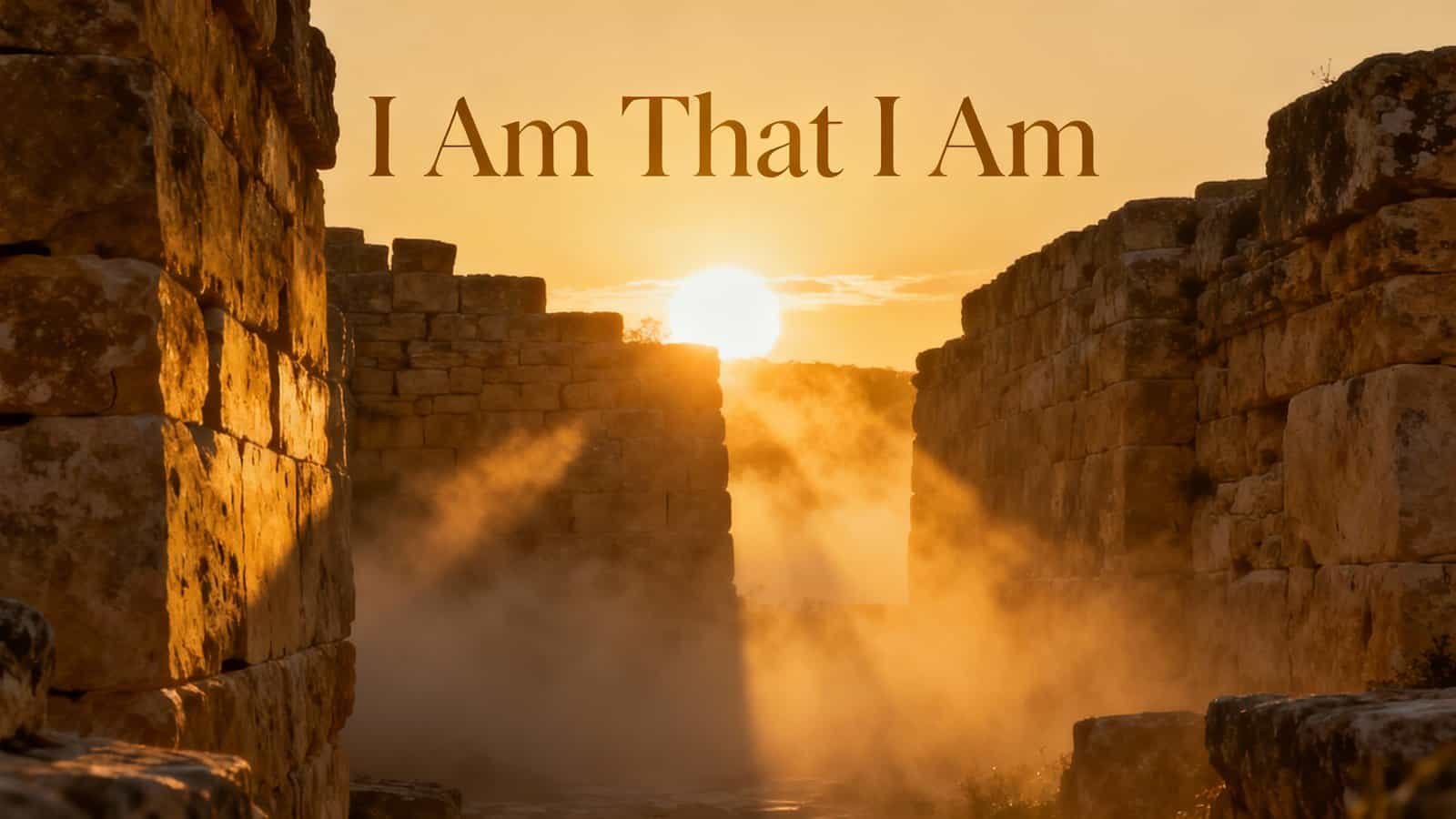 Sunset over ancient stone ruins with the text "I Am That I Am" displayed prominently, symbolizing faith, spirituality, and Biblical references in a serene and inspirational scene.