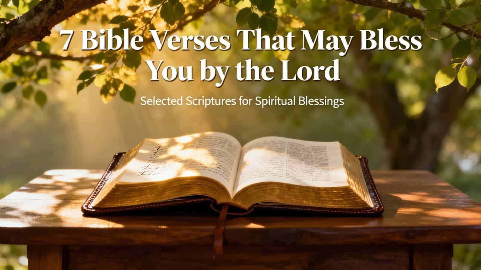 Inspiring open Bible on a wooden table surrounded by greenery, promoting 7 Bible verses for blessings and spiritual growth. Perfect for devotional and faith-based content.