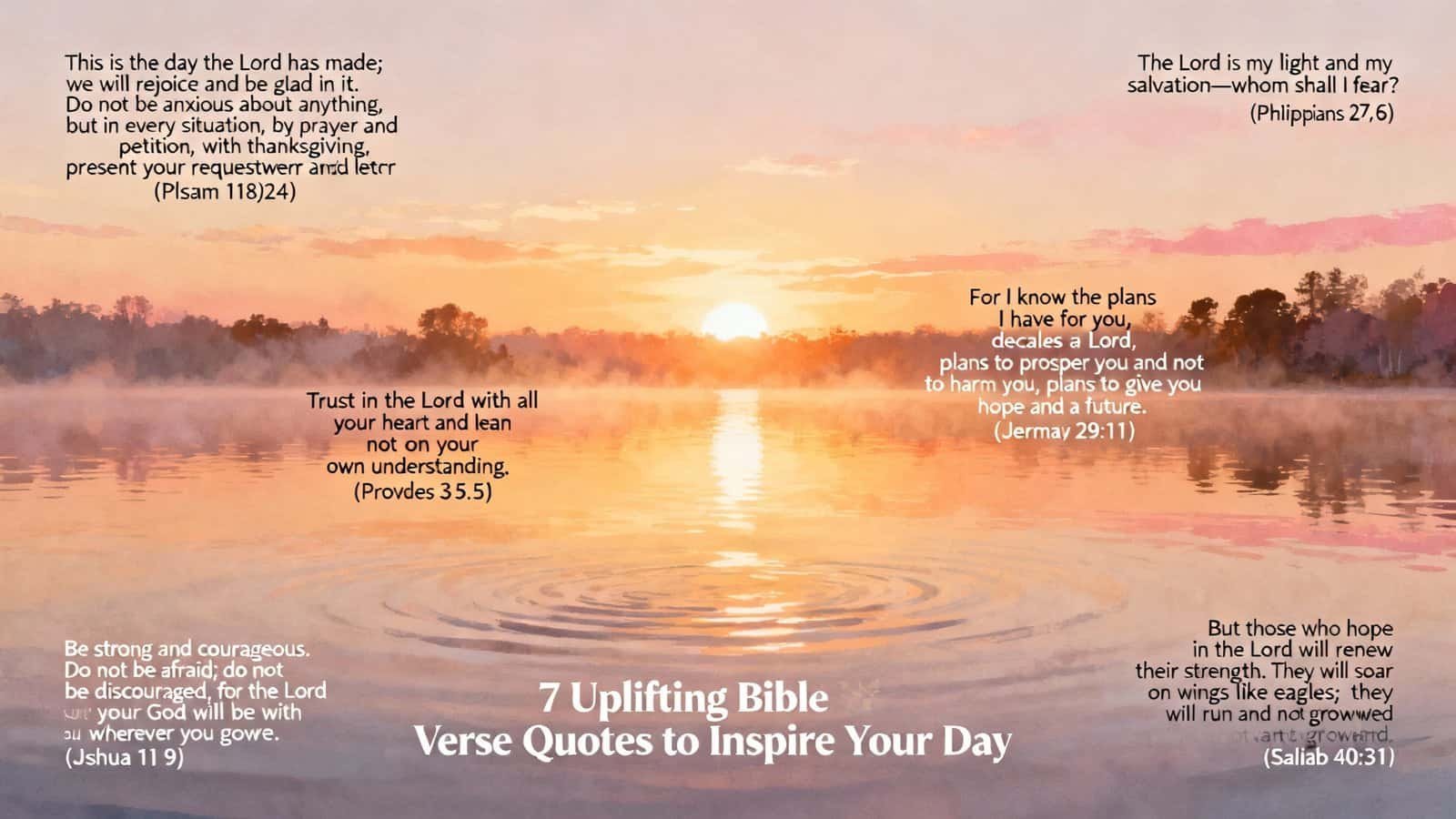 Hope and faith Bible verse quotes for daily inspiration over a serene sunrise over a lake with reflections, featuring uplifting scripture passages from the Bible for encouragement and spiritual growth.
